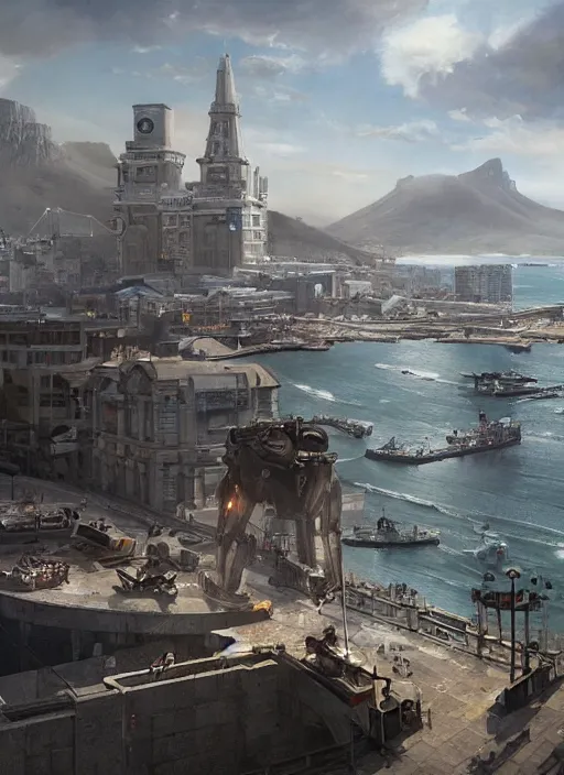 Prompt: hyper realistic robot attacking cape town city harbor beautiful details, strong composition painted by kim jung guweta studio rutkowski, james gurney and greg rutkowski, and lucasfilm