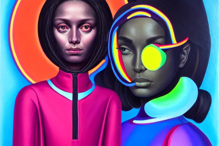 Prompt: patron saint of 🛸🌈👩🏾, futuristic jumpsuit, neon god of city character portrait, in the style of margaret keane, moebius, tom bagshaw, and waterhouse, cinematic lighting, beautiful, elegant, oil painting,