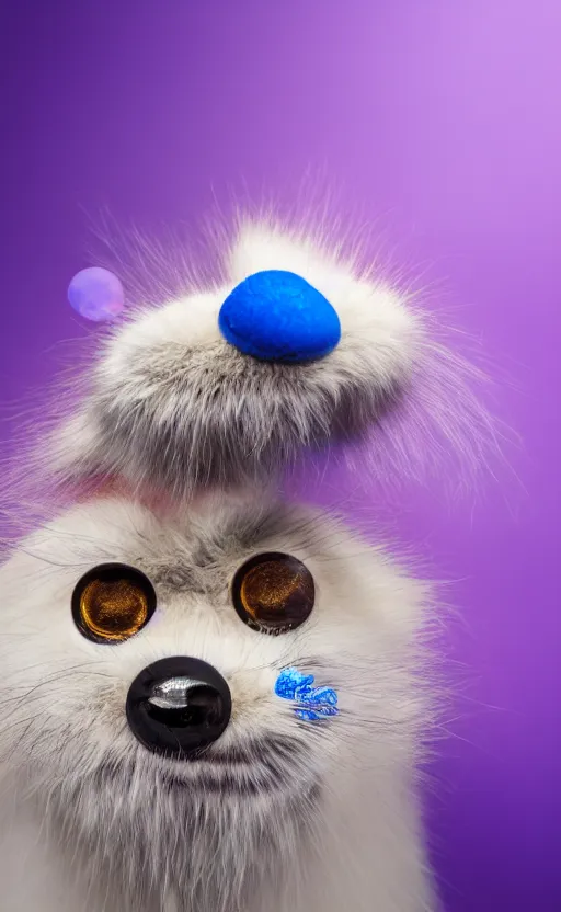 Image similar to An award winning photograph of a blue-eyed furry creature, red fur, with a large purple mustache, large eyes, bubbles in the air, wheels for hands, studio lighting, medium shot, Sigma 85mm, 8k