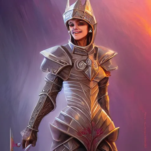 Prompt: Smiling female knight, elegant, smooth, intricate, vibrant, beautiful, fantasy, D&D, artstation