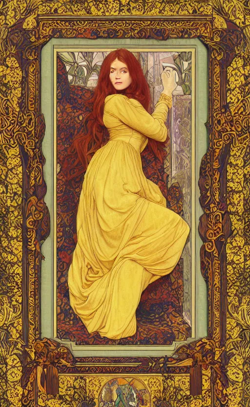 Image similar to full body reclining masterpiece of preraphaelite portrait photography, brown hair fringe, yellow ochre ornate medieval dress, william morris and kilian eng and mucha, framed, 4 k