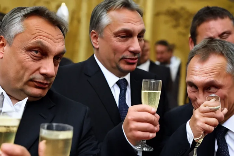 Image similar to viktor orban drinking champagne with putin in front a burning city