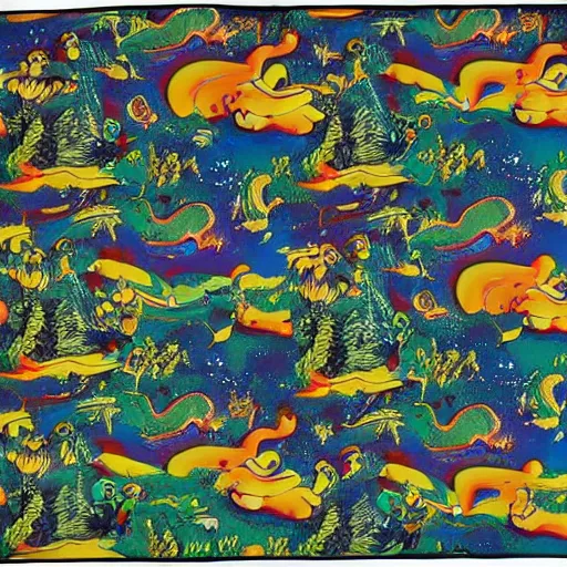 Prompt: psychedelic trippy couch pine forest with woodland critters planets milky way sofa cartoon by carl barks