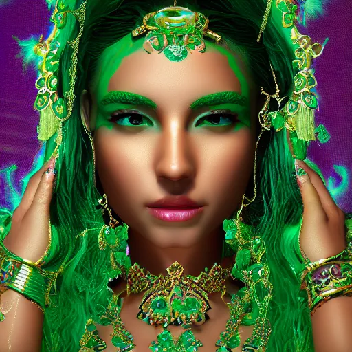 Image similar to photo of wonderful princess of emerald with fair skin, innocent, glowing, ornate and intricate green jewelry, jaw dropping beauty, eyepopping colors, dynamic lighting, intricate and detailed, 4 k octane render