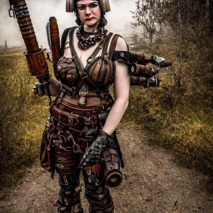 Image similar to full length photo of a real - life beautiful dieselpunk warrior with weapons, 8 k, hdr, smooth, sharp focus, high resolution, award - winning photo