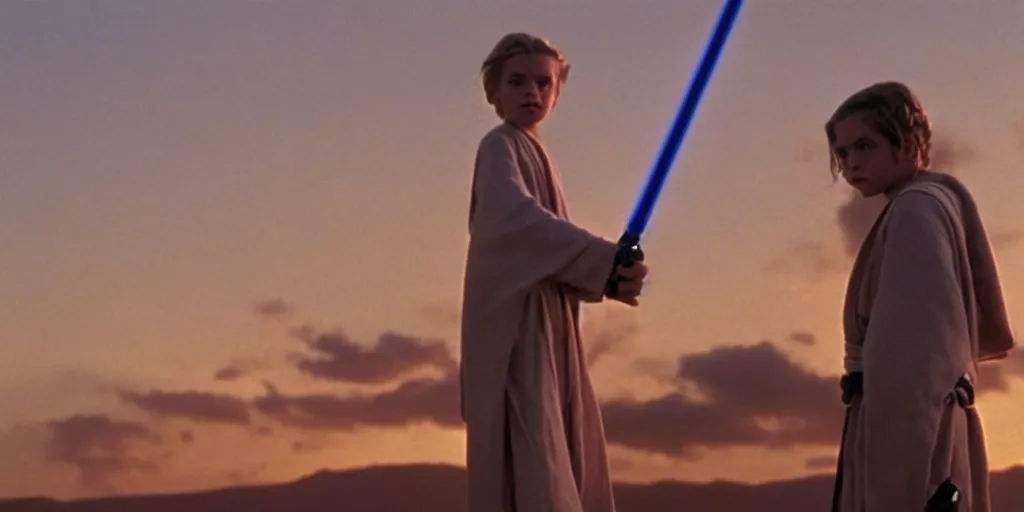 Prompt: !dream A full color still of a young blonde Jedi padawan holding a lightsaber hilt, at dusk!!!, at golden hour!!!, from The Phantom Menace, directed by Steven Spielberg, 1990