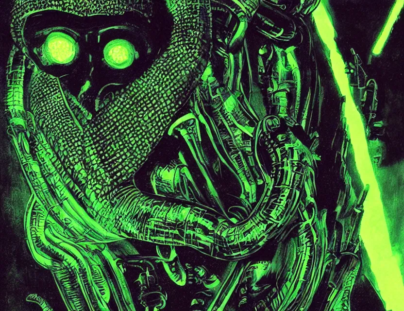 Image similar to a close - up view portrait of a silhouetted supernatural laser snake in brutalist halls with metallic alien technology. close - up view, detailed textures. glowing green purple fog, dark black background. poison skull face, highly detailed fantasy science fiction painting by moebius, norman rockwell, frank frazetta, and syd mead. rich colors, high contrast