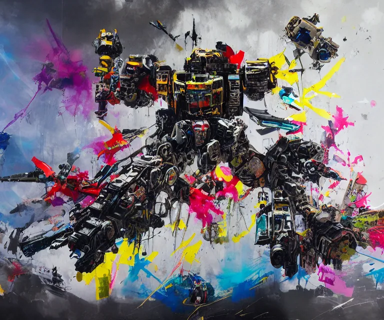 Prompt: acrylic and spraypaint concept art of a giant mechwarriors battling in space, explosions, graffiti wildstyle, large brush strokes, painting, paint drips, acrylic, clear shapes, spraypaint, smeared flowers, origami crane drawings, large triangular shapes, painting by ashley wood, totem 2, jeremy mann, masterpiece