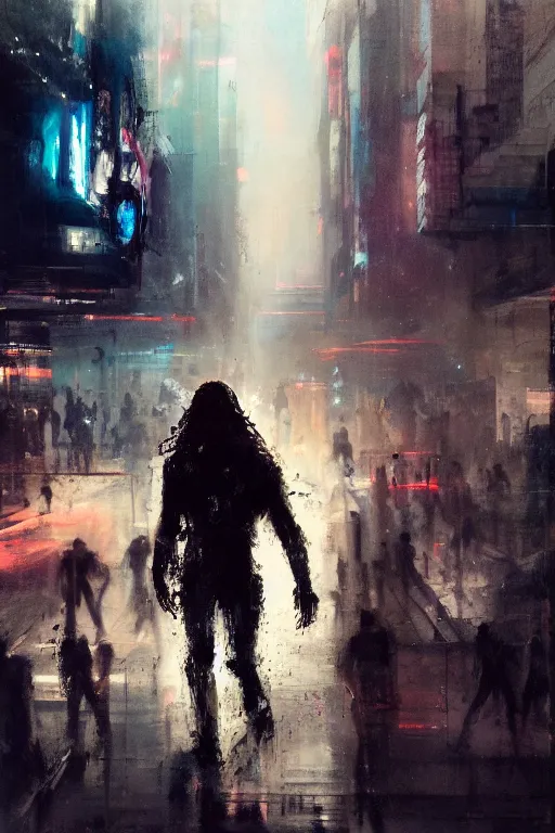 Image similar to full body portrait of Jesus as a cyborg walking through a crowded futuristic city street as the people part around him, by Jeremy Mann, stylized, detailed, realistic, loose brush strokes, dark tones, neon hue, intricate