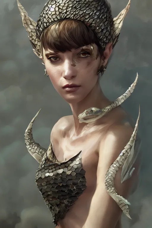 Prompt: a fancy portrait of an attractive hybrid women with dragon scales by Greg Rutkowski, Sung Choi, Mitchell Mohrhauser, Maciej Kuciara, Johnson Ting, Maxim Verehin, Peter Konig, final fantasy , mythical, 8k photorealistic, cinematic lighting, HD, high details, atmospheric,