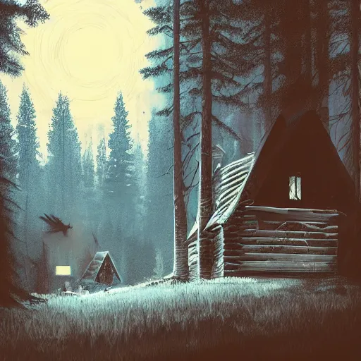 Prompt: lone cabin in the rocky mountains, by ismail inceoglu, eerie haunted cabin, in the woods, pine trees, full moon, illuminated by moonlight, detailed, digital illustration, brushstrokes, 4 k