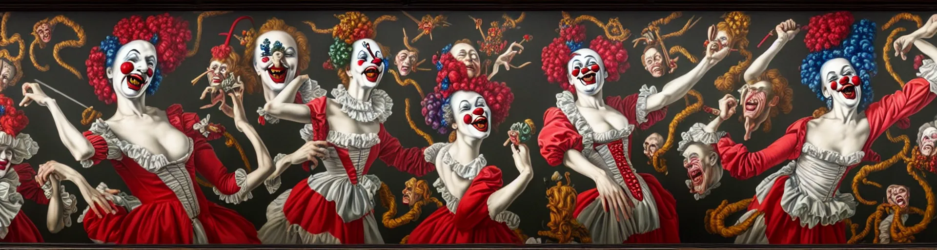 Image similar to a clownish, triumphant, and ultradetailed mural, depicting a hundred unique framed hyperrealist rococo vampire portraits