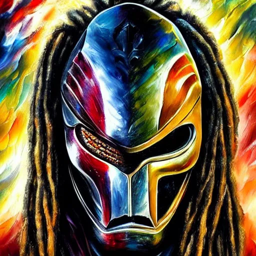 Image similar to painting of an alien with dreadlocks and high tech armor, The Predator, Yautja, by Leonid Afremov, hyperdetailed!!!!!!!!!