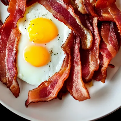 Image similar to bacon and eggs in pan, closeup, close angle, dramatic lighting