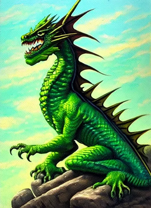 Image similar to “oil painting of green dragon with pointed tail sitting on a rocky outcropping in the style of Darrell K. Sweet”