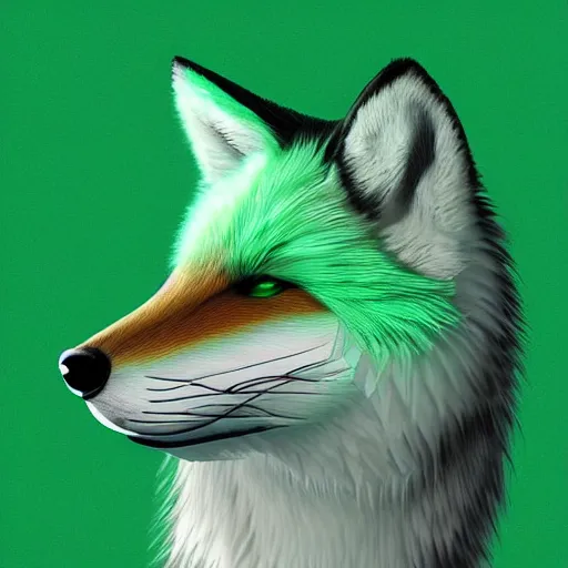 Prompt: digital green and white and green fox, retrowave palette, digital world, highly detailed, electric breeze, anatomically correct vulpine, synth feel, fluffy face, ear floof, flowing fur, super realism, accurate animal imagery, 4 k digital art