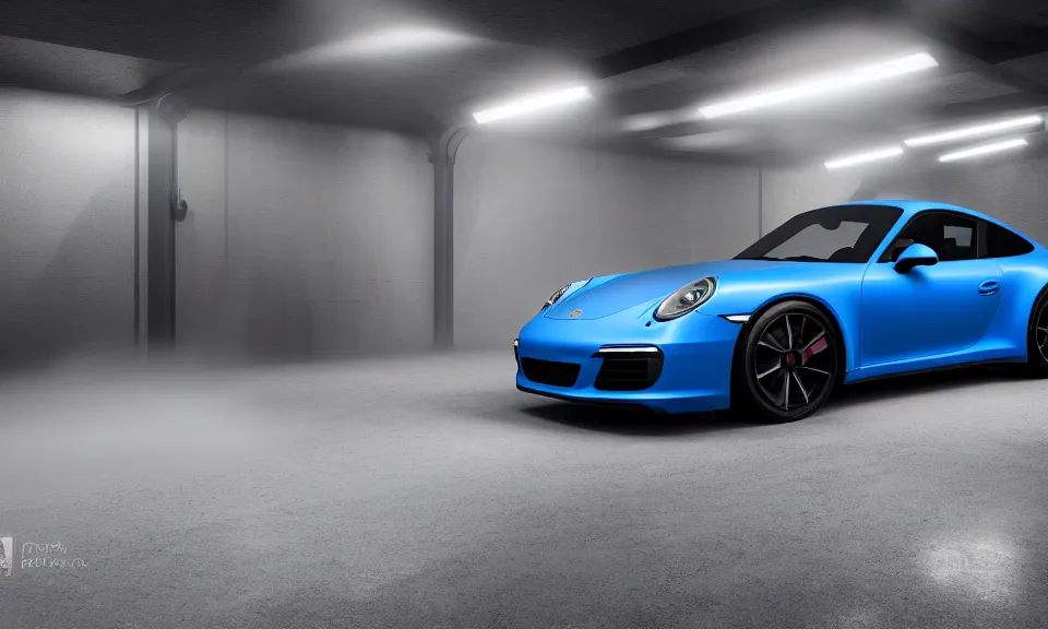 Prompt: photograph of a blue porsche 911 standing in a garage, centered, mist, volumetric light, cinematic lighting, octane render, 4k, ultra realistic, reflections, cinematic