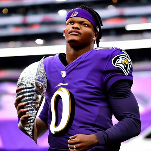 Image similar to portrait. lamar jackson baltimore ravens. holding lombardi trophy. sports photo. award winning photograph. lamar jackson's detailed face