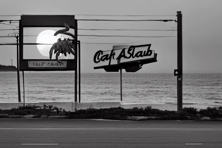 Prompt: giant crab attacking a california drive in, in 2 0 1 2, bathed in the the glow of the sunset, low - light photograph, in style of ansel adams