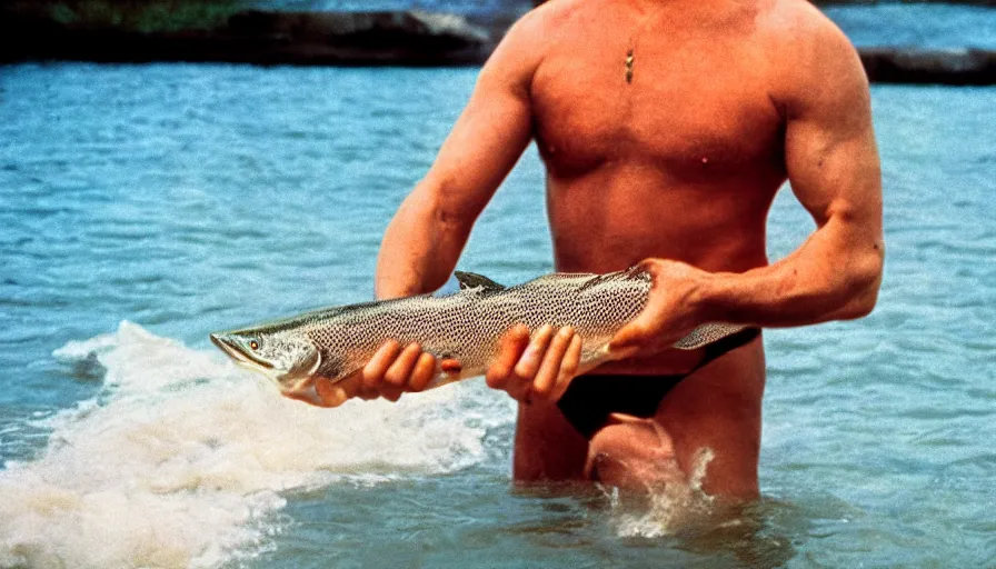 Image similar to 7 0 s movie still of putin in speedo, catching a salmon with his hands, focus on face. cinestill 8 0 0 t _ 3 5 mm eastmancolor, heavy grain, high quality, high detail