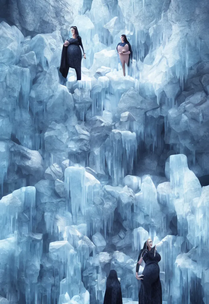 Image similar to epic pregnant woman making a speech to all her white tribe, proud people looking at the pregnant woman, ice cave, facinating, fantasy digital art, octane render, beautiful composition, trending on artstation, award - winning photograph, masterpiece