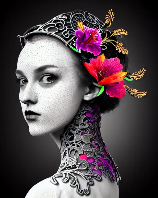 Image similar to monochrome profile portrait painting, dutch masters, silver lace floral steampunk biomechanical beautiful young female cyborg with one fluo techno eye, monocular, volumetric light, leaves foliage and stems, hibiscus flowers, rim light, big gothic fashion pearl embroidered collar, 8 k