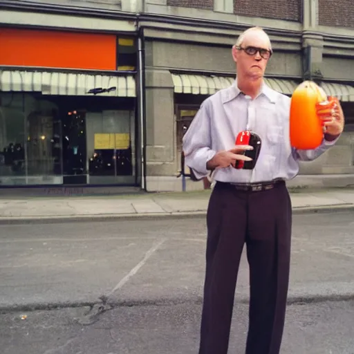 Image similar to hugh hopper holding an orange and a diet pepsi sitting on a street corner