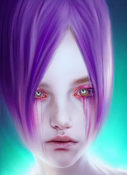 Image similar to hair whitebangs hair, black hair, whitebangs, portrait of teenage girl with white bangs, red irises, purple clothes, white bangs, bangs are different color from hair, intricate, elegant, glowing lights, highly detailed, digital painting, artstation, concept art, smooth, sharp focus, illustration, art by wlop, mars ravelo and greg rutkowski