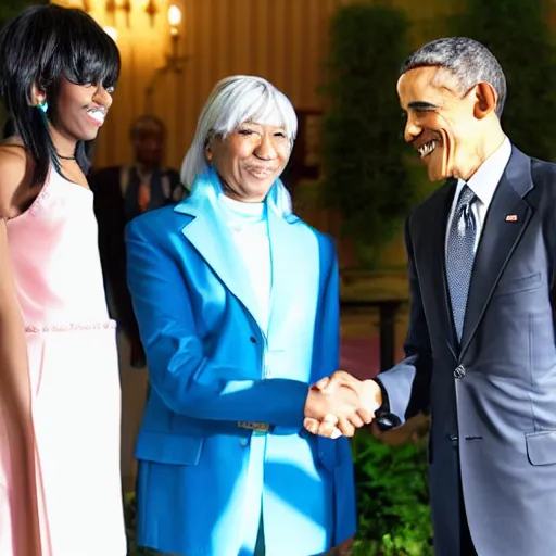 Prompt: Obama shaking hands with Hatsune Miku, formal white house event