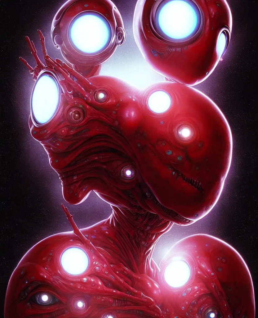 Prompt: an alien with 4 eyes and a white and red body, yellow glowing eyes, digital art, trending on artstation, symmetric, hyperrealistic, by yoshitaka amano, by yukito kishiro, by yoshiyuki sadamoto