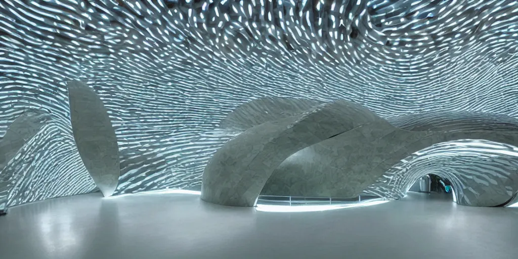 Prompt: extremely detailed stunning futuristic curvilinear museum interior with water centered sculpture piece and led strips