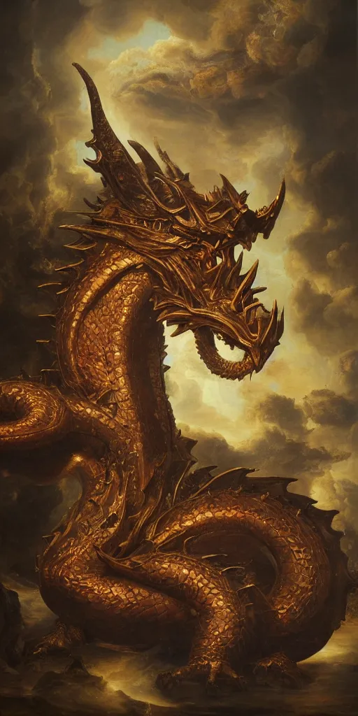 Image similar to Highly detailed and cinematic Renaissance period portrait oil painting of an English dragon, an oil painting ((masterpiece)) by ((Josep Tapiró Baró)), dynamic lighting, 8K