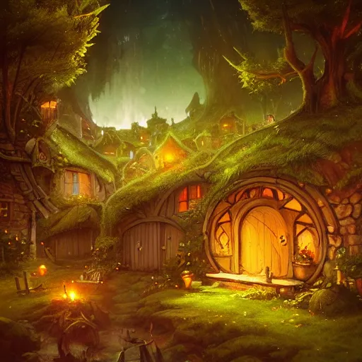 Image similar to night scene of a hobbit village, by peter mohrbacher and dan mumford and nekro, cgsociety, volumetric light, 3 d render