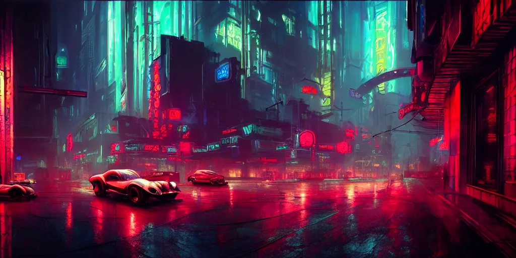 Image similar to concept art, octane render, a brooding, dystopian city, reflections, volumetric neon lighting, dramatic, emerald red neon glow, 8 k, ultra - hd, insanely detailed and intricate, hypermaximalist, elegant, ornate, by gerald brom, by syd mead, akihiko yoshida, doug chiang, cinematic