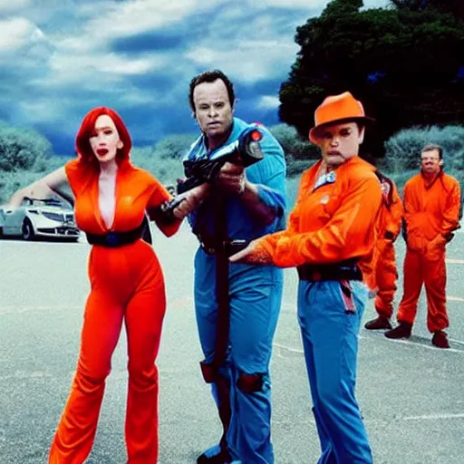 Image similar to vince vaughn as jack fenton, he is wearing an orange coveralls bodysuit with a big sci - fi gun belt, and christina hendricks as maddie fenton, she is wearing a tight teal coveralls bodysuit with a big sci - fi gun belt, movie photo, spooky netflix still shot, they are looking for ghosts