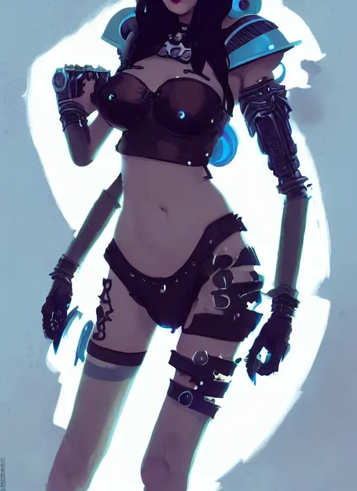 Image similar to portrait of cute goth girl in cyber bikini armor, warhammer, cyberpunk, by atey ghailan, by greg rutkowski, by greg tocchini, by james gilleard, by joe fenton, by kaethe butcher, by gustav klimt, dynamic lighting, gradient light blue, brown, blonde cream and white color in scheme, grunge aesthetic