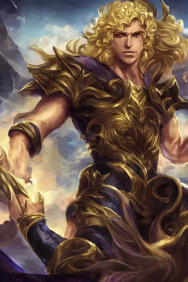 Image similar to Dio as a blond male demigod with beautiful long curly hair proclaiming victory over his subjects, grandiose royal palatial staging, official league of legends splash art, artstation HD