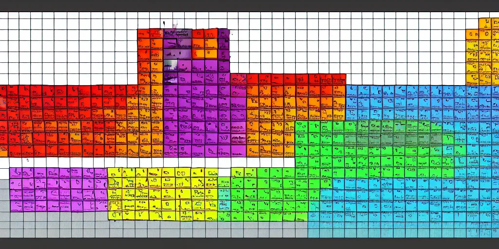 Image similar to periodic table of pixels, ink and watercolor, pixelated, no text