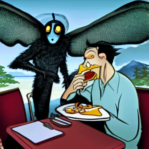 Image similar to mothman eating breakfast with sasquatch at a diner