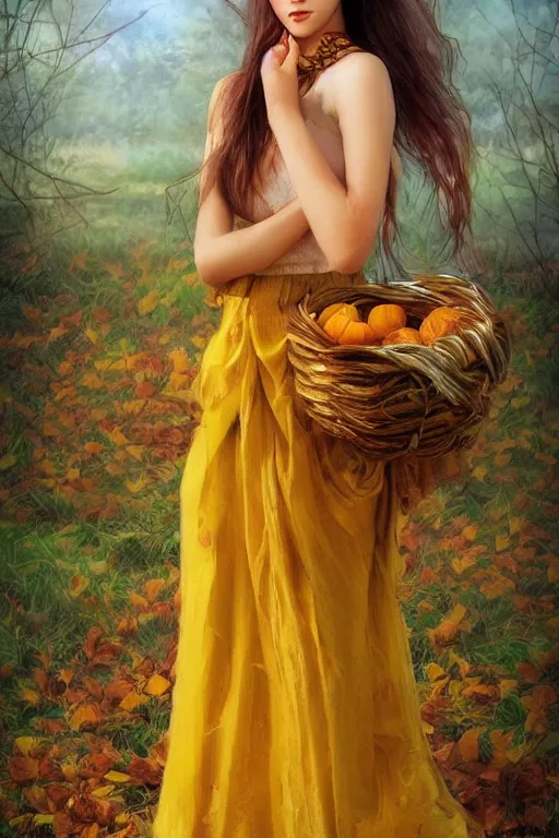 Image similar to The goddess of autumn harvest, tranquility, beautiful face, long hair, wearing wheat yellow gauze skirt, by wlop