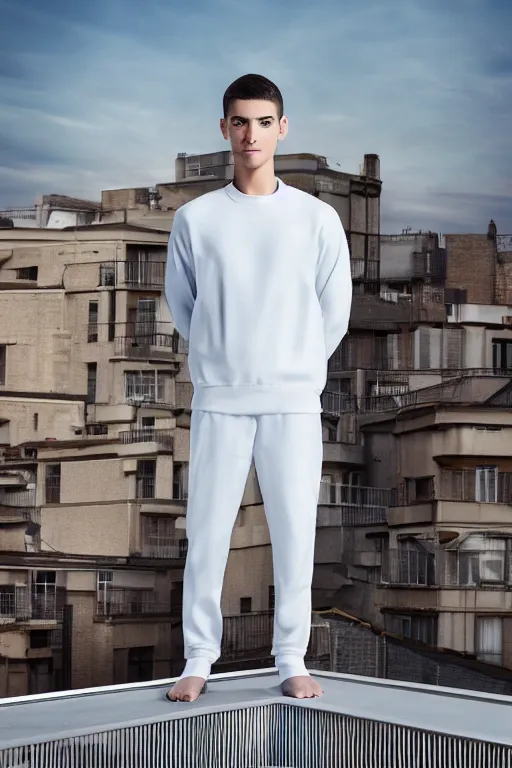 Image similar to un ultra high definition studio quality photographic art portrait of a young man standing on the rooftop of a british apartment building wearing soft padded silver pearlescent clothing. three point light. extremely detailed. golden ratio, ray tracing, volumetric light, shallow depth of field. set dressed.