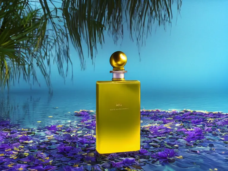 Image similar to perfume bottle standing in a desert oasis in deep blue pond water surrounded by tropical flowers by zaha hadid ; octane highly render, 4 k, ultra hd, 2 0 0 mm, mute dramatic colours, soft blur outdoor stormy sea background, illuminated lighting