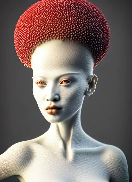 Image similar to intricate hyper detailed ultra sharp focus front shot 3 d render of a beautiful porcelain ivory afro woman, close - up, f 2. 8 1 5 0 mm bright light, sharp focus, elegant bionic cyberpunk red mechanical haute couture fractal mushroom corals, white mycelum and fungi head ornaments, alexandre ferra, octane render, volumetric cinematic lighting, 8 k,