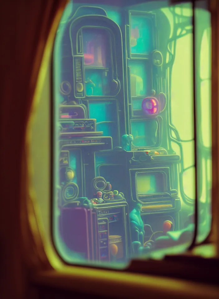 Prompt: telephoto 7 0 mm f / 2. 8 iso 2 0 0 photograph depicting the feeling of chrysalism in a cosy safe cluttered french sci - fi ( art nouveau ) cyberpunk apartment in a pastel dreamstate art cinema style. ( typing ) ( ( fish tank ) ), ambient light.