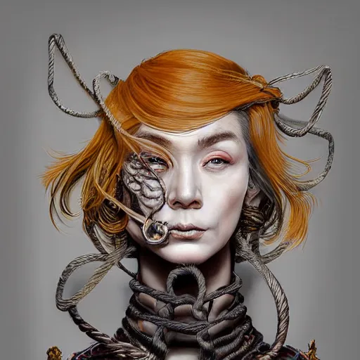 Image similar to portrait of a Shibari rope wrapped face and neck, headshot, insanely nice professional hair style, dramatic hair color, digital painting, of a old 15th century, old cyborg merchant, amber jewels, baroque, ornate clothing, scifi, realistic, hyperdetailed, chiaroscuro, concept art, art by Franz Hals and Jon Foster and Ayami Kojima and Amano and Karol Bak,