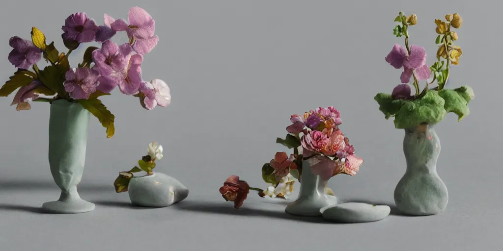 Prompt: i dream of a vase flowers, modern, studio, miniature models made of clay, studio light