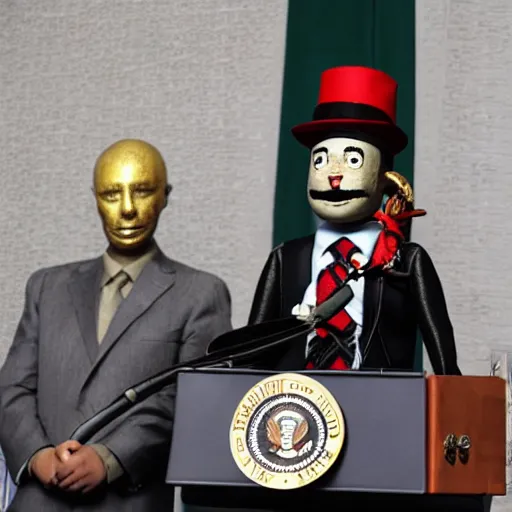 Prompt: president marionette with strings and puppeteer in a podium giving a press conference