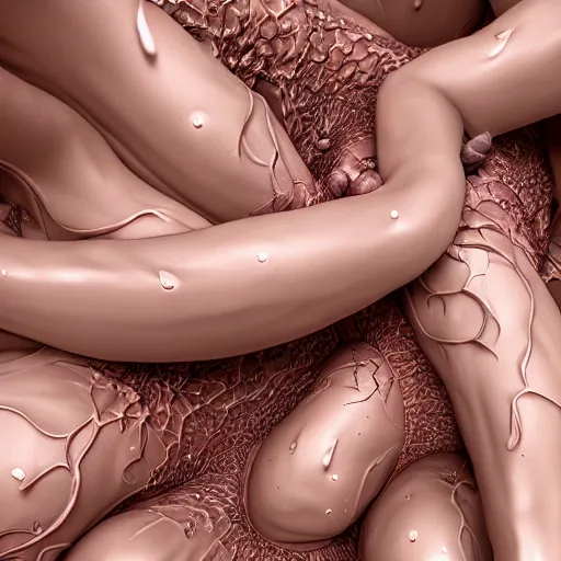 Image similar to closeup of beautiful human bodies intertwined, bodies blooming, 3 d fractals, mandelbulb, dripping wet, skin, macro photography, anamorphic bokeh, long exposure, highly detailed, hyperrealism, cinematic