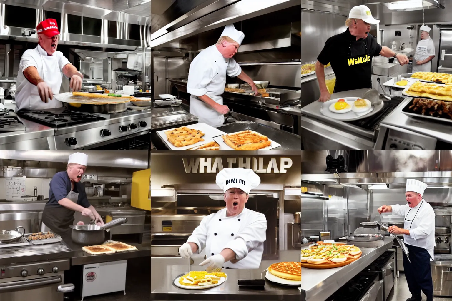 Prompt: high quality photo of Donald Trump working as a cook at waffle house. He he is cooking on a griddle. He is yelling. Dimly lit