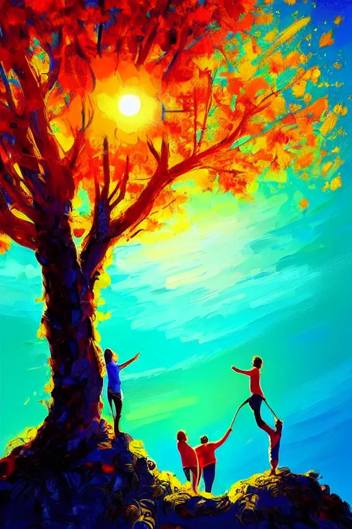 Prompt: two people in jubilant love climb the tree of life as the sun shines brightly, 8 k resolution digital painting, vibrant colors, by michael whelan, byalena aenami, behance hd, trending on artstation deviantart